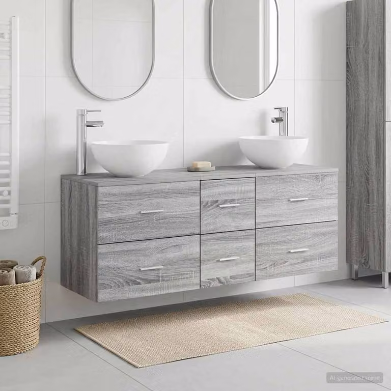 Set di 3 mobili da bagno moderni vidaXL in legno e metallo grigio opaco, comprensivo di mobile lavabo e pensili, L/P/H: 49,5 x 41 x 64,5 cm