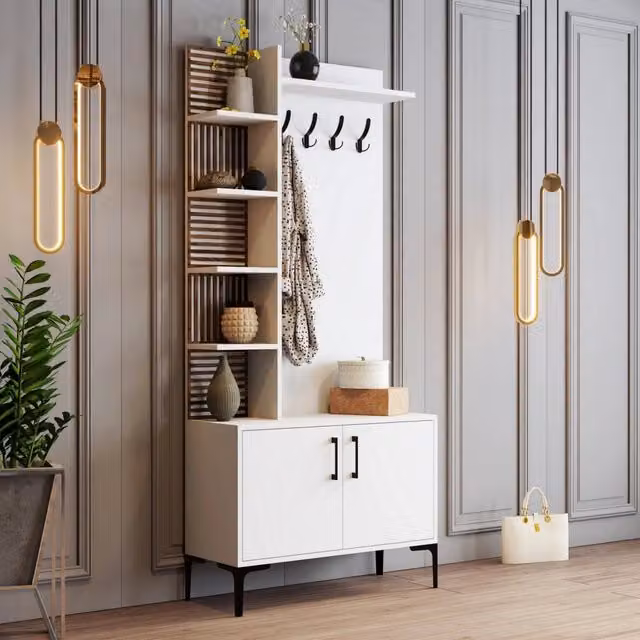 DMORA Mobile da Ingresso Caccamo con Appendiabiti e Ripiani, Bianco e Marrone, L: 90 cm, P: 35 cm, H: 200 cm – 1