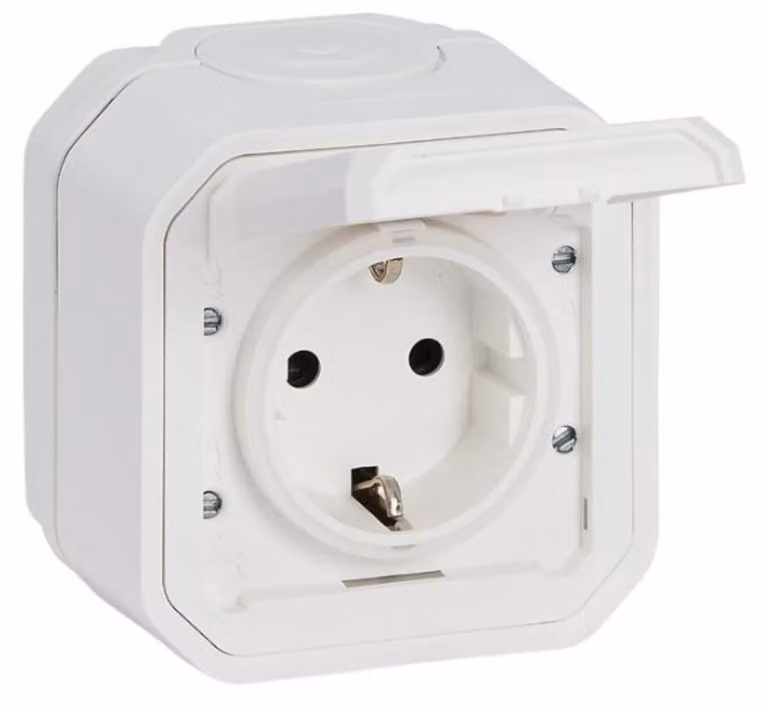 Legrand PLEXO Nuova presa di corrente a prova di umidità, con coperchio a cerniera, protezione al tatto, installazione con morsetti a vite, 16A, IP44 IK07 Bianco, 069771L