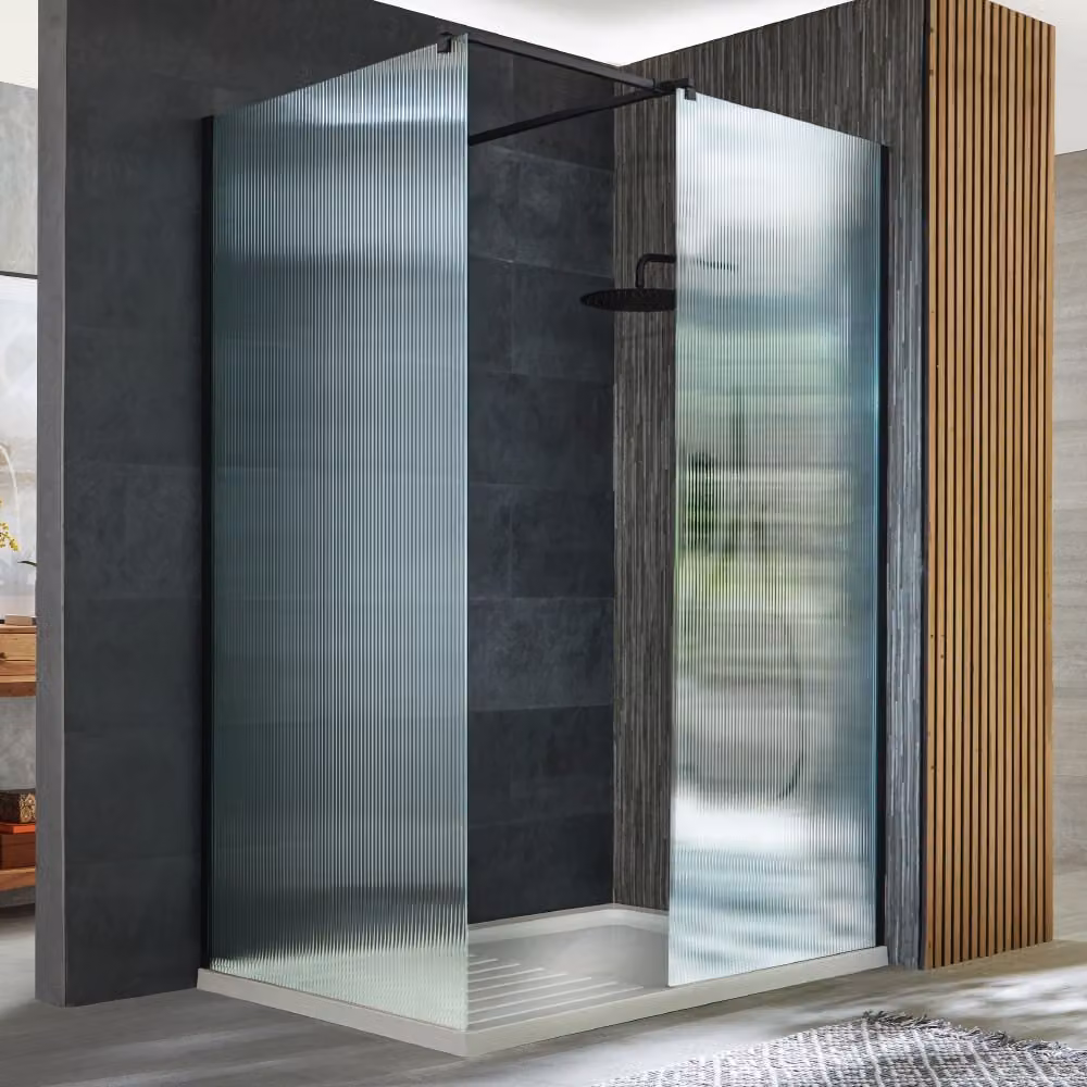 Box Doccia Walk-In Angolare Nero Vetro Scanalato 1100x700mm