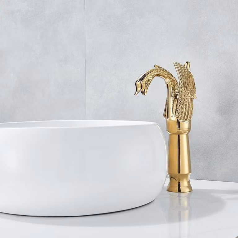 Rubinetto da bagno marca Schwan - Miscelatore per lavabo - Stile vintage - Modello alto - Miscelatore monocomando - Acqua calda/fredda - Ottone lucido - Oro