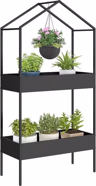Scaffale Portapiante a Forma di Casetta a 2 Ripiani in Metallo Nero 150 cm con Gancio e Piedini Regolabili per Casa e Giardino
