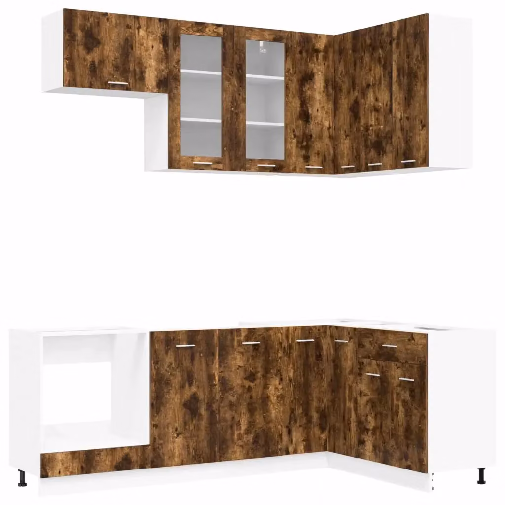 Unità Cucina Moderna vidaXL LYON in Rovere Fumo con Ante in Vetro e Ripiani Interni, 8 Pezzi, Marrone – 2