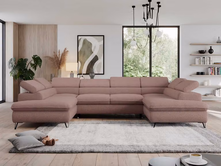 Divano angolare con contenitore per biancheria, divano a forma di "U" con funzione letto, poggiatesta regolabili - PEDRO U - Tessuto boucle - Rosa