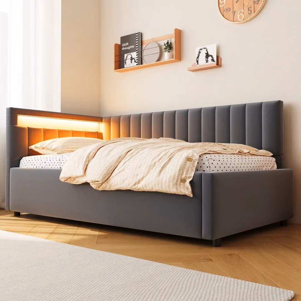 Letto singolo imbottito in velluto grigio con contenitore a sollevamento e illuminazione LED, L/P/H: 90 x 200 x 34 cm – 2