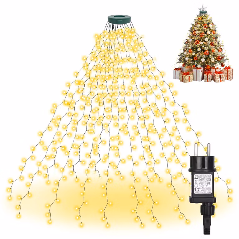 Catena luminosa da 3 metri con 448 LED, ideale per l'illuminazione dell'albero di Natale, con anello protettivo IP44 e 8 modalità di illuminazione, luce bianco caldo