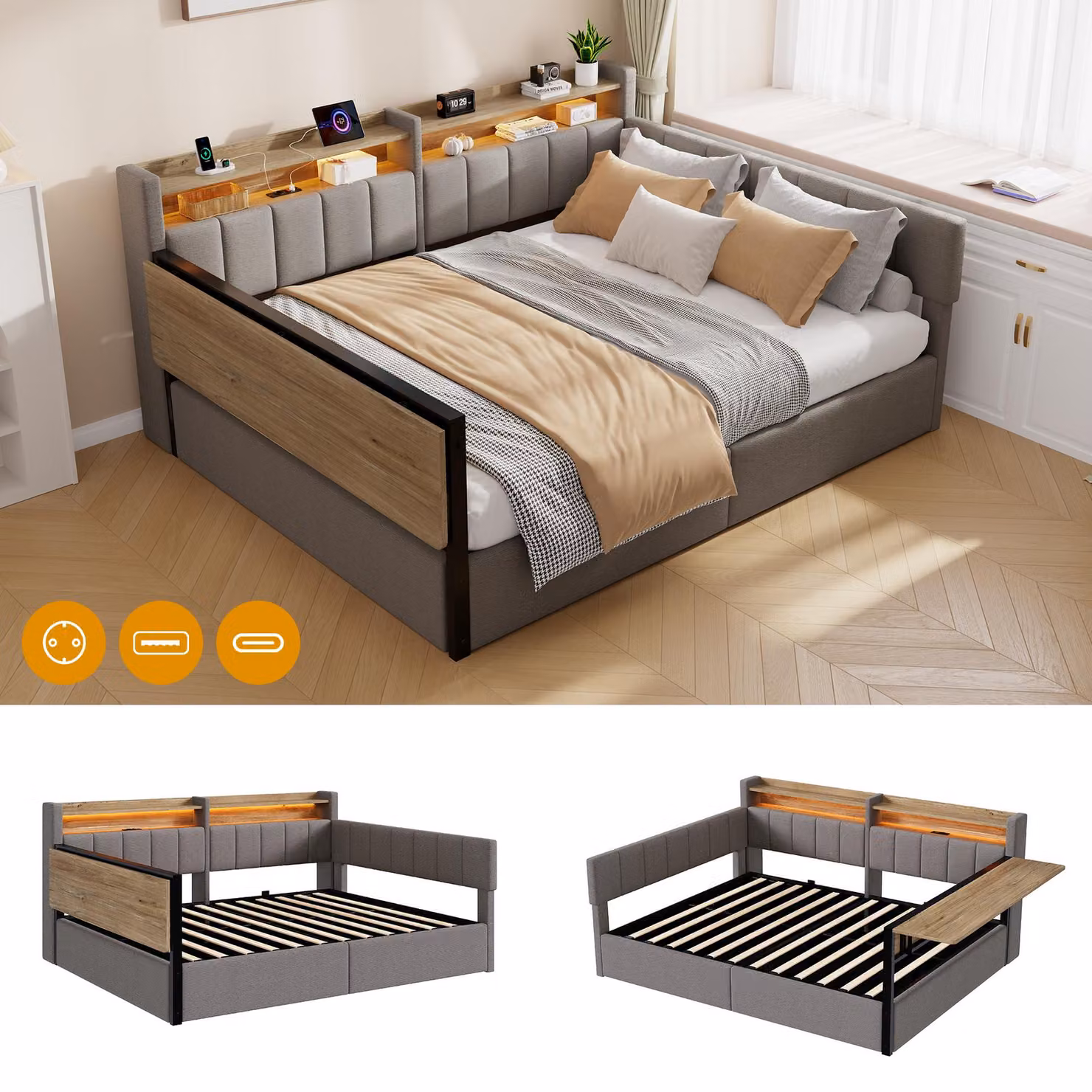 Letto a giorno 140 x 200 cm con spazio contenitore a sollevamento idraulico, luci LED RGB controllabili tramite app, porte USB e USB-C, tavolino pieghevole e vani portaoggetti, rivestito in velluto, colore grigio