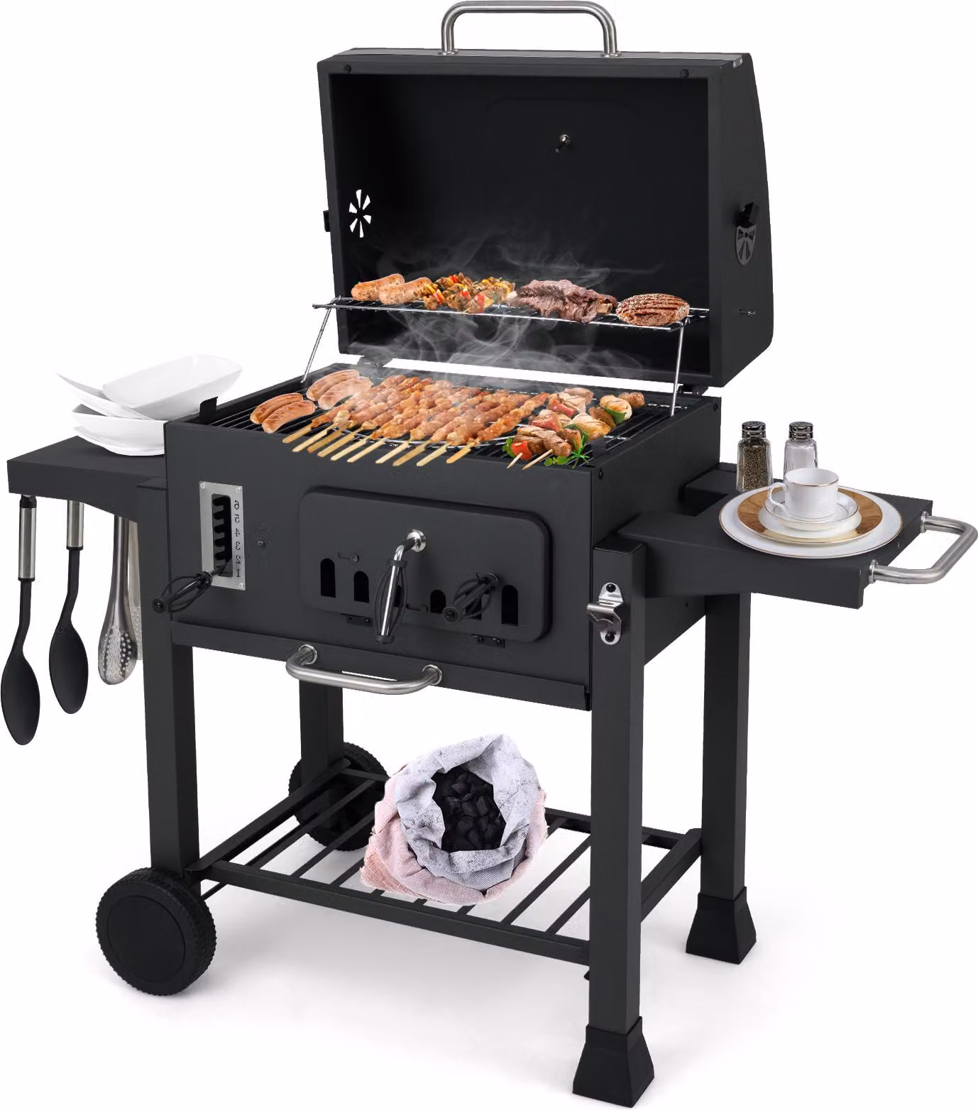 Barbecue a carbonella KOMFOTTEU con 2 tavoli laterali pieghevoli e ruote, carrello per barbecue con contenitore per carbonella a 6 scomparti, vano portaoggetti, portagriglia, termometro, barbecue affumicatore per uso esterno