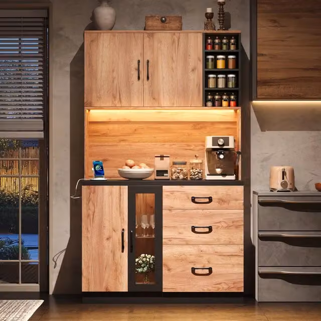 Armadio alto cucina 105x40x180 cm, nero e effetto legno, con illuminazione LED, ripiani regolabili e presa europea. Per cucina, sala da pranzo, soggiorno