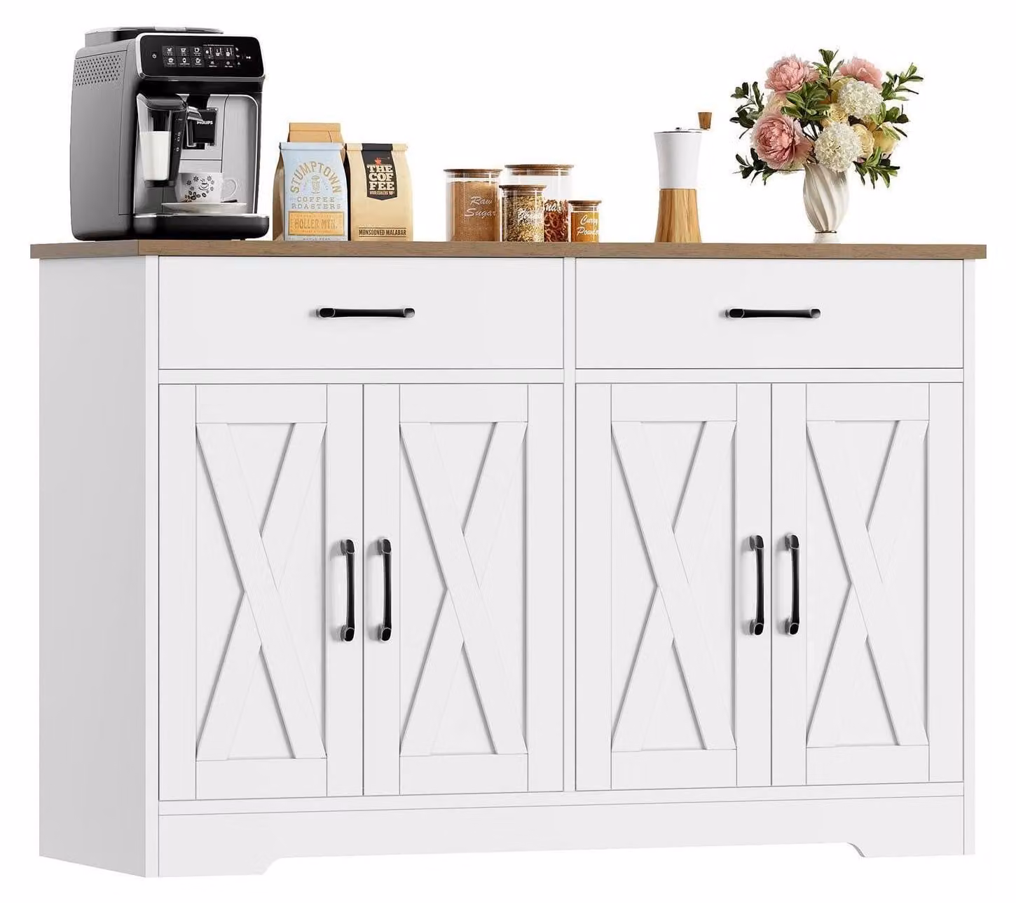 Credenza da 120 cm di larghezza con piano di lavoro, 2 cassetti, 4 ante, bianco e marrone