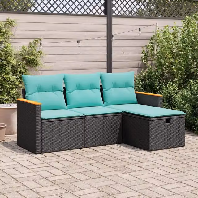 Set Divani da Giardino 4 pz con Cuscini Nero in Polyrattan 3325893