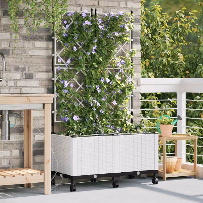 Set di 2 vasi da giardino con irrigazione e ruote vidaXL, colore bianco, in plastica