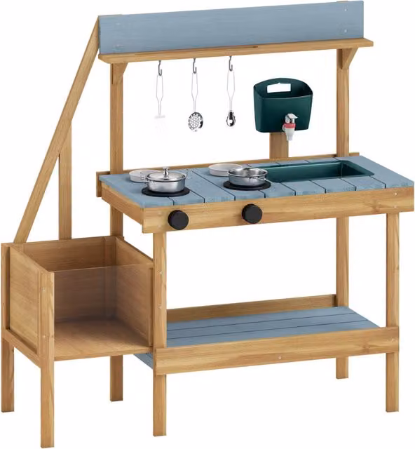 Cucina giocattolo in legno massello con fioriera rialzata per bambini, cucinetta Montessori da esterno Blu, L: 96 cm, P: 36,5 cm, H: 93 cm – 1