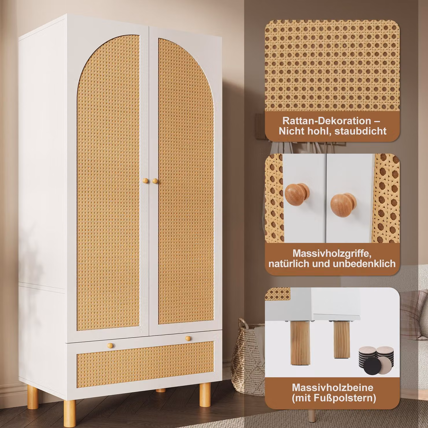 Armadio 180x85x52, 2 ante, in rattan, stile rustico, con grande cassetto, ripiani regolabili, asta appendiabiti e sistema di sicurezza anticaduta.