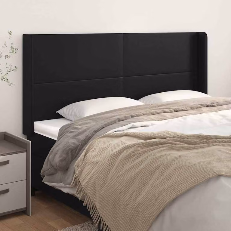 Testiera ad orecchio vidaXL in similpelle nera con struttura in legno, L: 203 cm, P: 16 cm, H: 118/128 cm