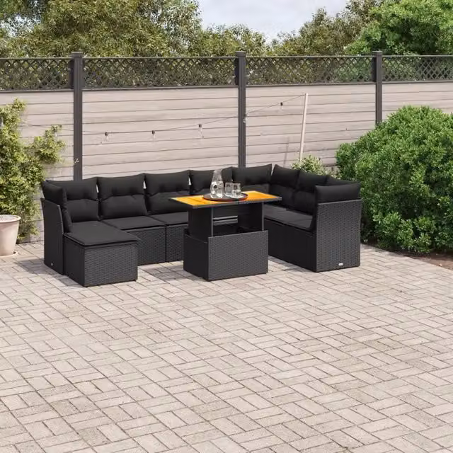 Set Divani da Giardino 9 pz con Cuscini Nero in Polyrattan 3270971