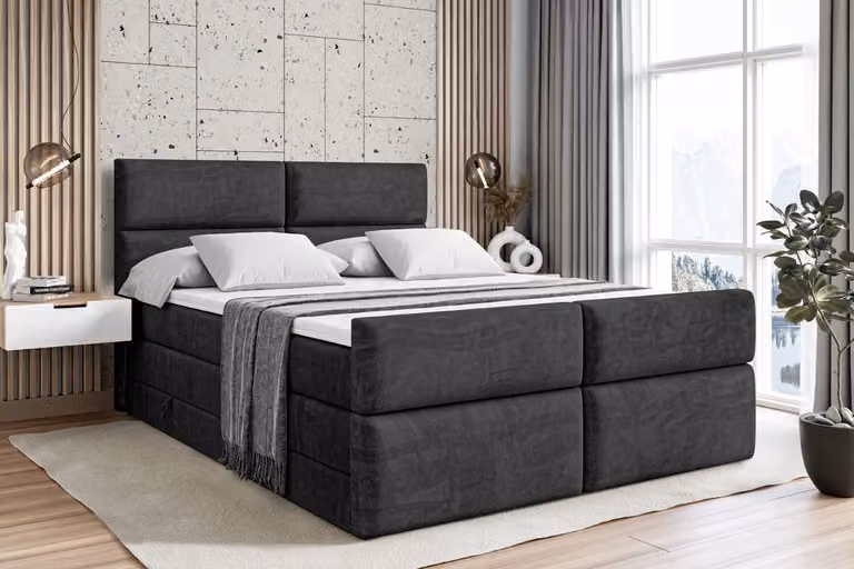 Letto boxspring ALTDECOR con pediera, 2 materassi e topper - 120x200 cm - BOXI3-Z KING - Velluto nero - Letto imbottito con materassi H3 e H4, contenitore e rete a doghe, letto con spazio contenitivo