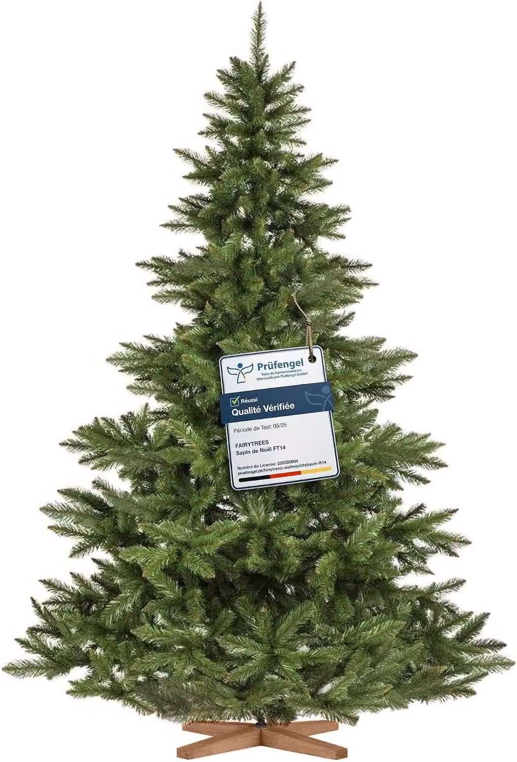 FairyTrees albero di Natale artificiale 220cm Abete Nordmann con supporto in legno | Albero di Natale artificiale con tronco verde | Facile da Montare | Prodotto in EU