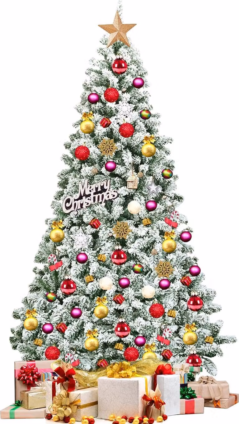 Albero di Natale KOMFOTTEU, 225 cm, abete artificiale con decorazioni a forma di fiocchi di neve, decorazione natalizia con base in metallo, albero di Natale in PVC (225 cm)