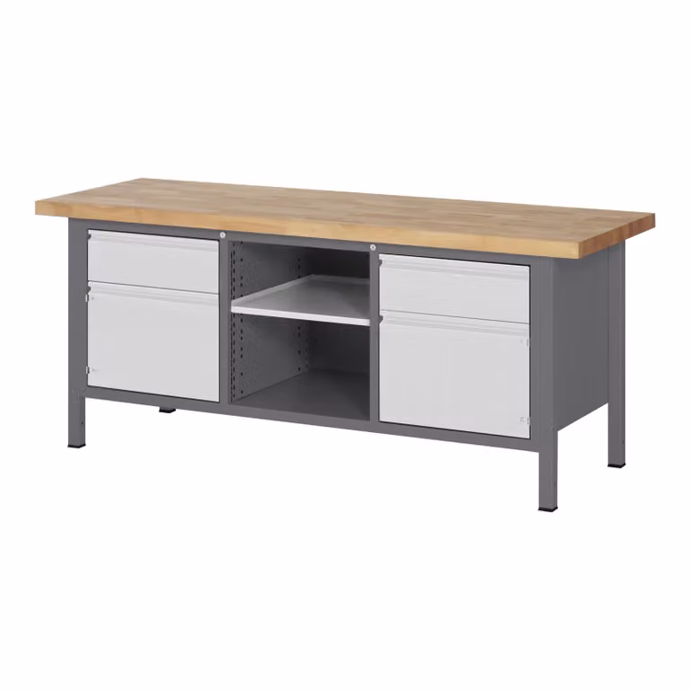 STIER Banco da lavoro regolabile in altezza Premium, 2 cassetti, 2 ante e ripiano, 200x70x84-104 cm, acciaio e faggio