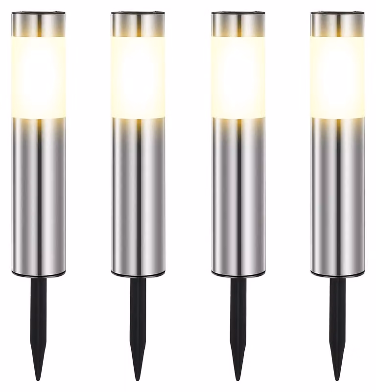 Illuminazione solare per esterni, luce calda, acciaio inossidabile, grado di protezione IP44 (resistente all'acqua), confezione da 4 pezzi