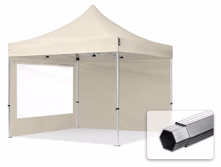 TOOLPORT 3x3m gazebo pieghevole PES con laterali (panoramiche), PROFESSIONAL alluminio, crema