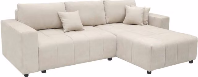 Divano ad angolo Palozi Sofa trasformabile in letto, stile moderno, in tessuto beige con struttura in legno massiccio e cuscini inclusi, reversibile