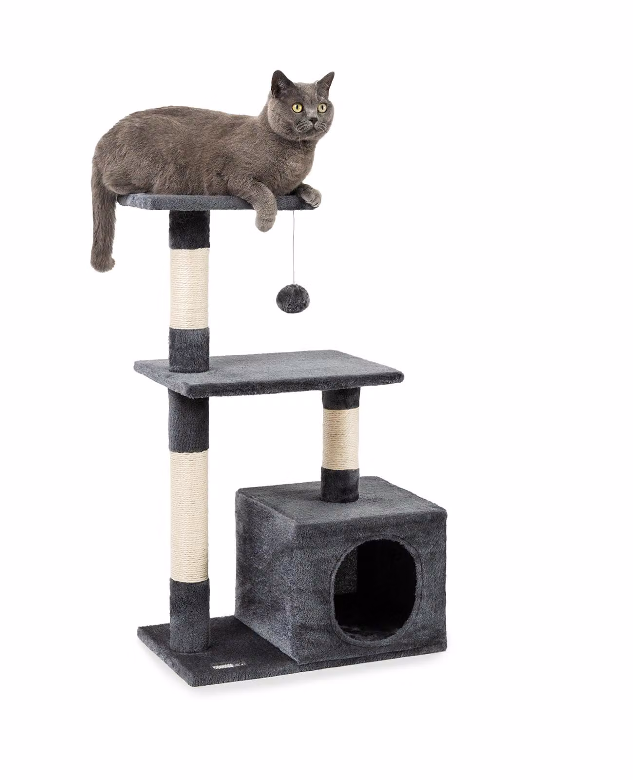 tiragraffi per gatti lionto, albero tiragraffi compatto da 85 cm con grotta, 2 piattaforme, palla di peluche e bastoncini di sisal, con supporto a parete, grigio scuro