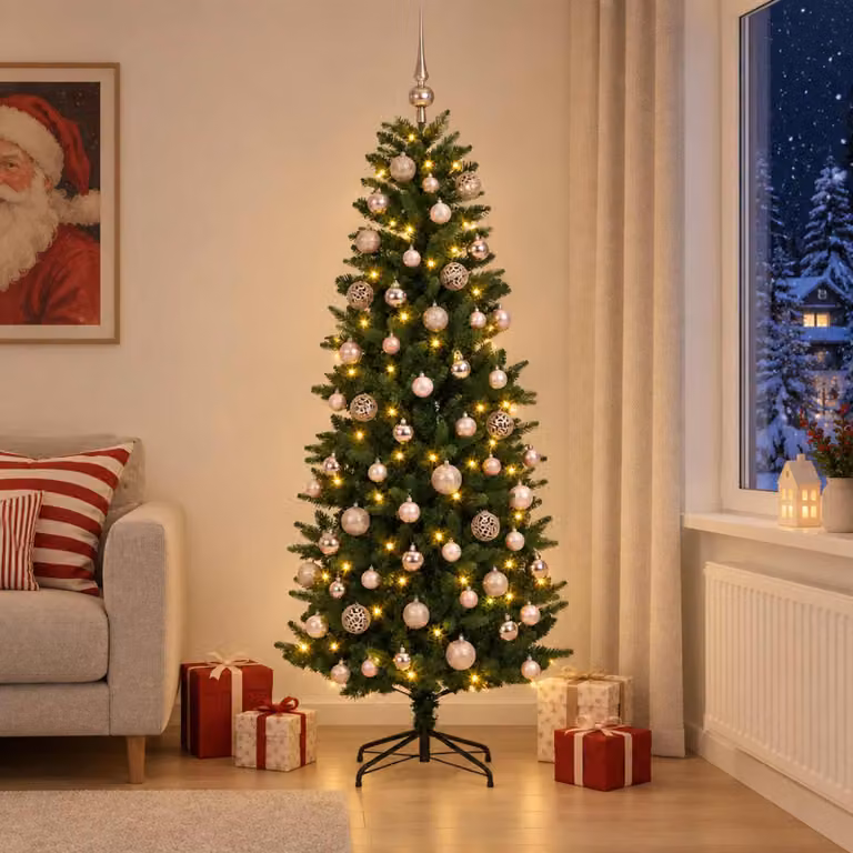 Albero di Natale artificiale verde vidaXL con 300 LED luce bianca calda e decorazioni, Altezza: 180 cm