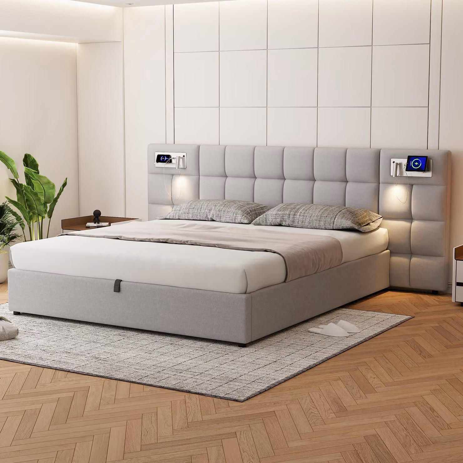 okwish Letto imbottito 180 x 200 cm con contenitore nel letto, letto idraulico funzionale con illuminazione, porta di ricarica USB e ricarica wireless (senza materasso), Grigio