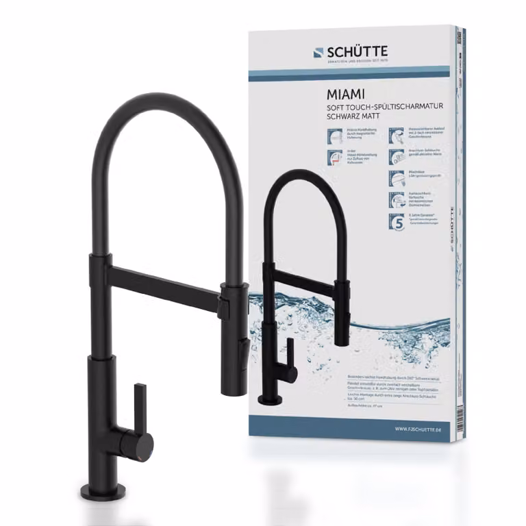 Rubinetto da cucina SCHÜTTE MIAMI, rubinetto da cucina con spruzzatore per piatti, rubinetto da cucina girevole a 360°, nero opaco