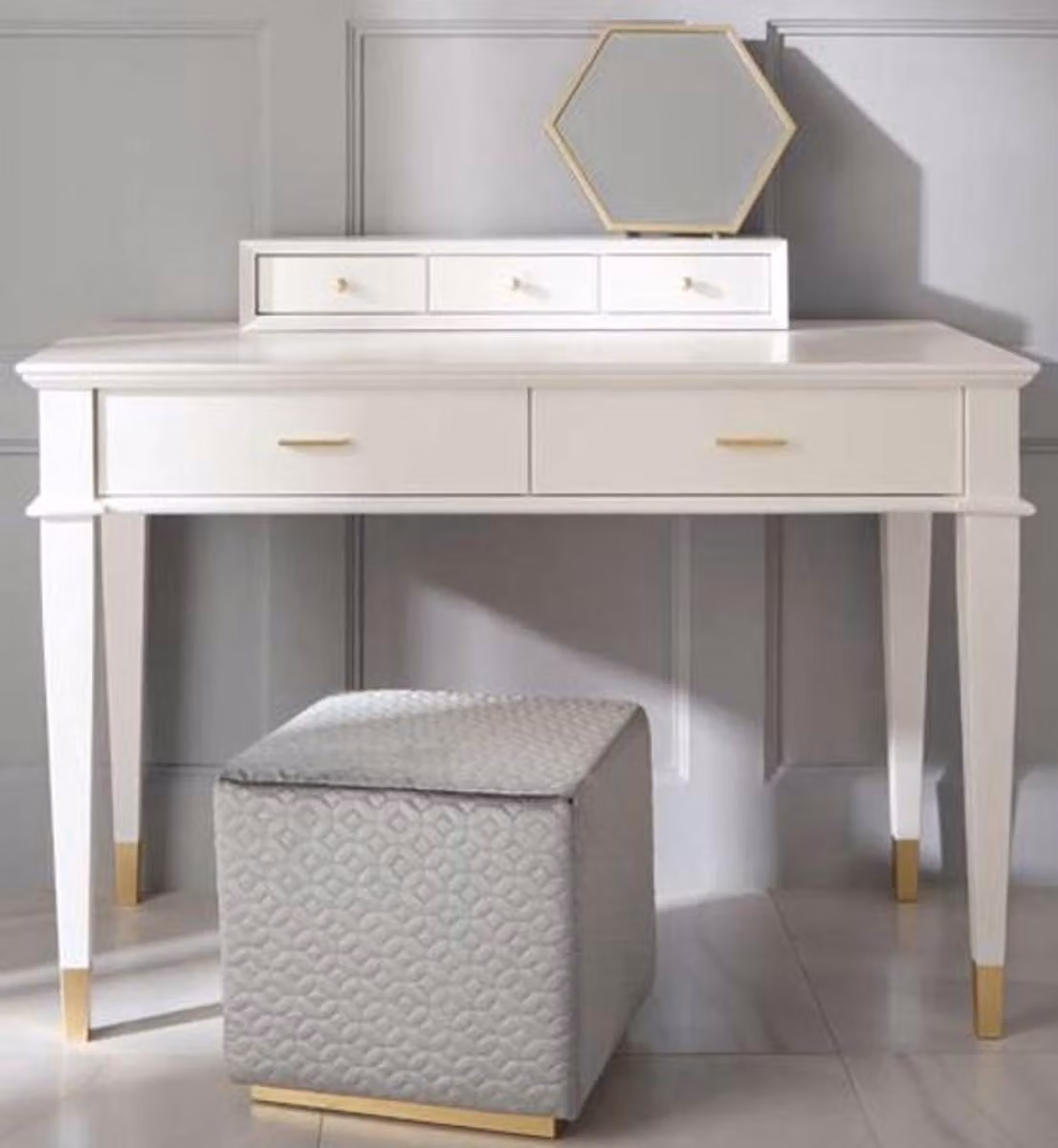 Casa Padrino, toletta neoclassica a 5 cassetti bianco/oro 120 x 50 x h. 81 cm - Mobili Art Deco