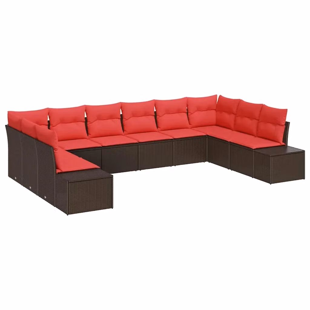 Set Divano da Giardino a Forma di U vidaXL con Cuscini Marrone e Rosso per 9-10 Persone – 2
