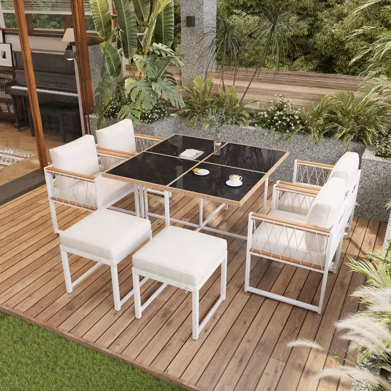 LVHOM Set da pranzo da giardino 7 pezzi, set di mobili da giardino con cuscini, set da salotto da giardino in acacia, gruppo di sedute in polyrattan, set da salotto da balcone per 6 persone