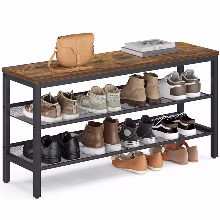 Panca Portascarpe in Stile Industriale, Marrone Vintage + Nero / 100 x 28 x 50 cm