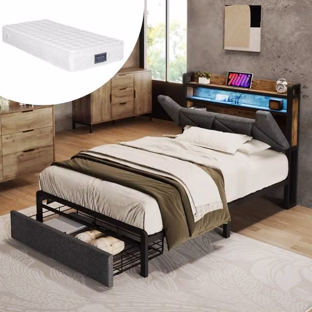 Letto Singolo 90x200 cm con Testiera Contenitore, LED e Ricarica USB Tipo C, Struttura in Metallo Grigia con Cassetto e Rete a Doghe