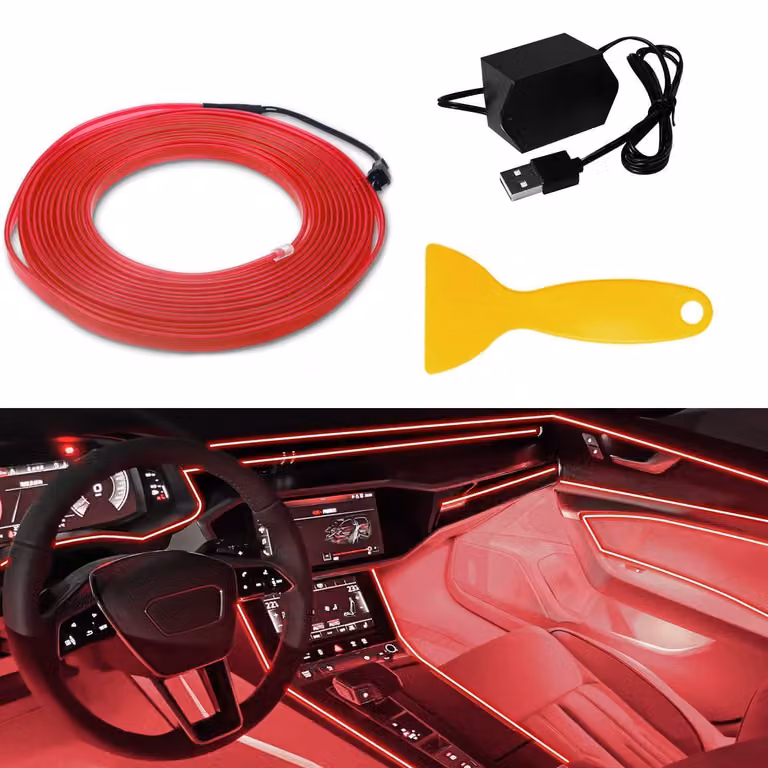 Cavo luminoso a LED per auto, illuminazione interna, 5 metri, colore rosso, con connessione USB e bordo da cucire di 6 mm