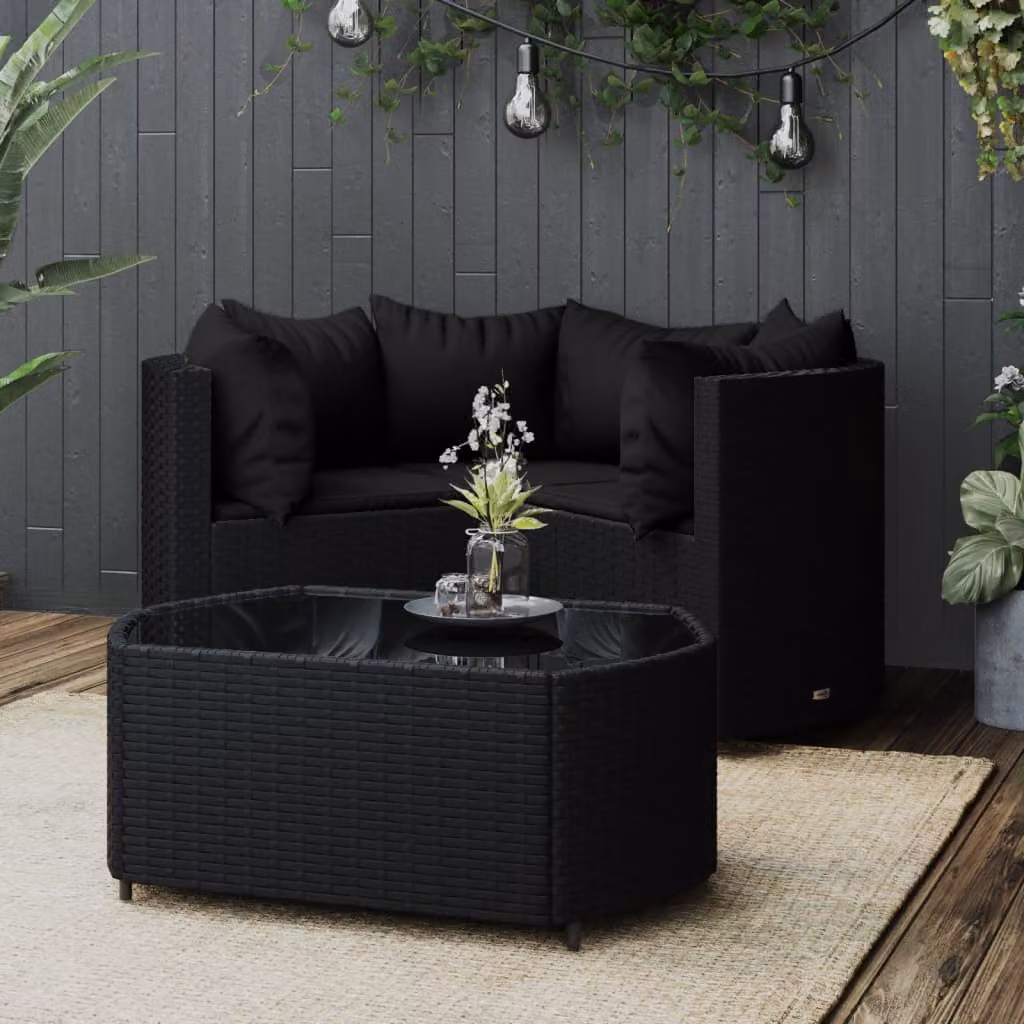 Set da giardino moderno vidaXL composto da 4 pezzi con divano a L, tavolino da caffè e cuscini in nero