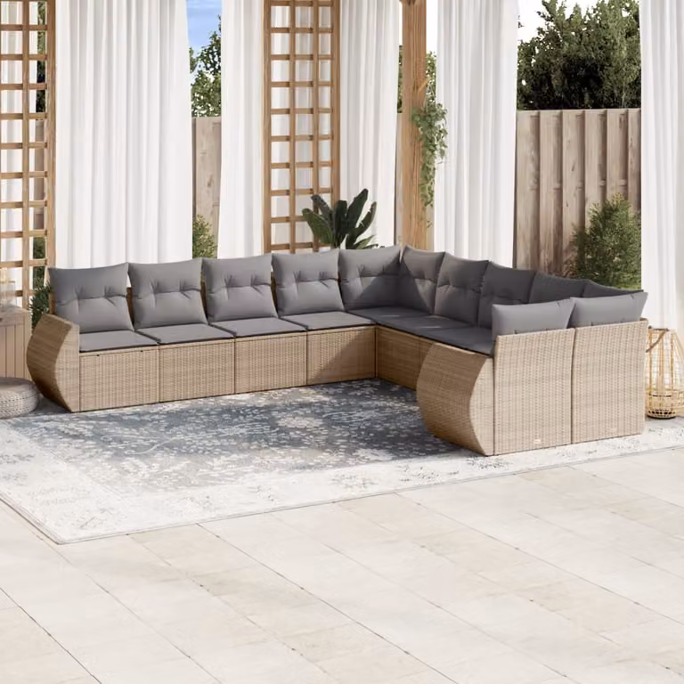 vidaXL Set Divano da Giardino a L 10 pz in Polyrattan con Cuscini Beige e Grigio e Struttura in Acciaio