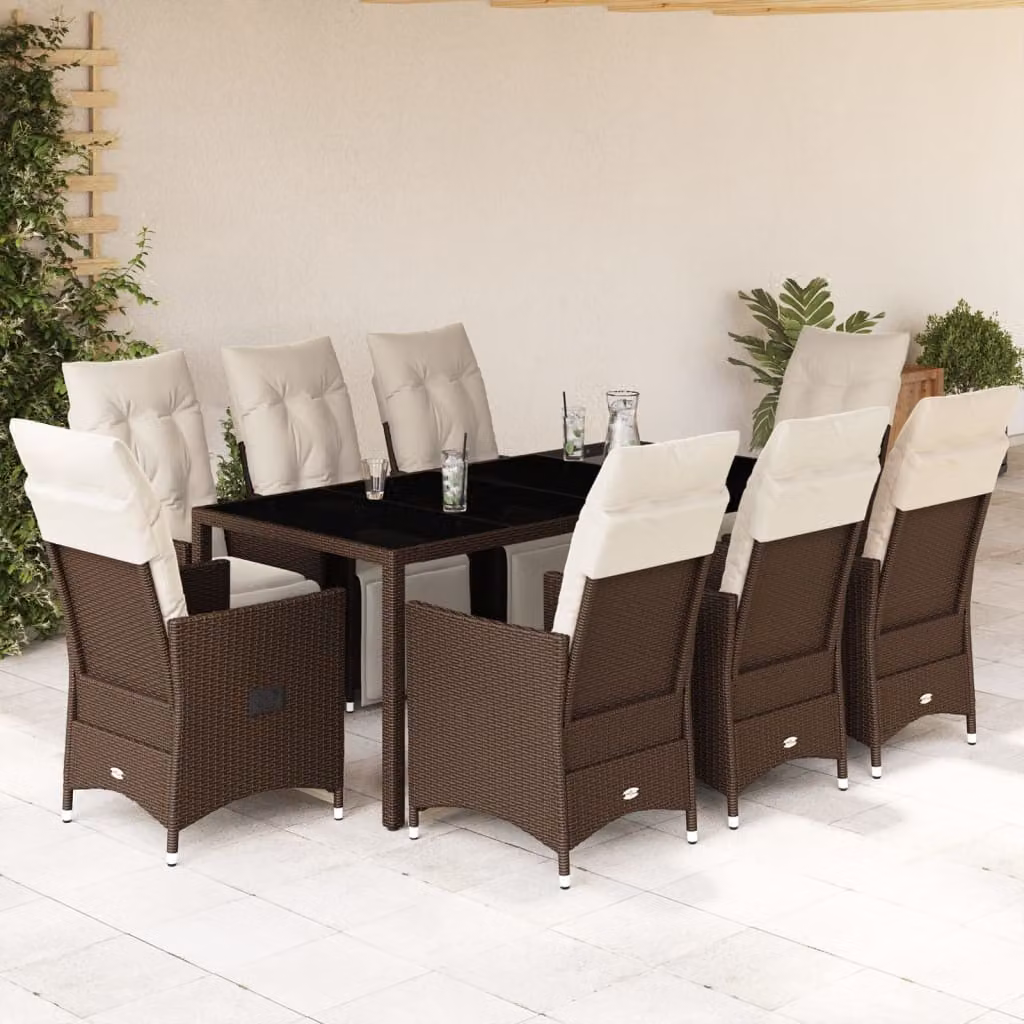 vidaXL Set Bistrò da Giardino 9 pz in Polyrattan Marrone con Cuscini e Tavolo in Vetro – 1