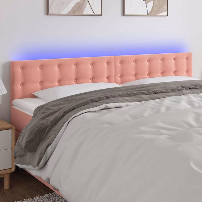 Testiera per letto vidaXL in velluto rosa con illuminazione LED e porta di ricarica USB, L: 160 cm, P: 5 cm, H: 78-88 cm