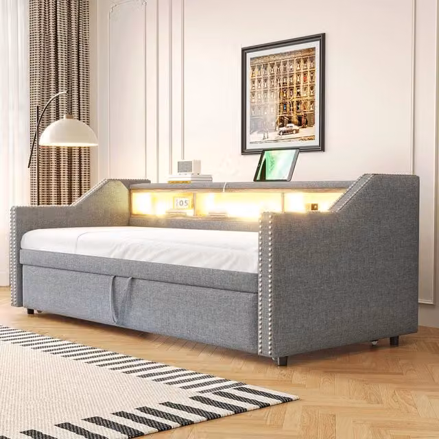 Divano letto - Xylo - 90/180x190 cm LED USB grigio chiaro