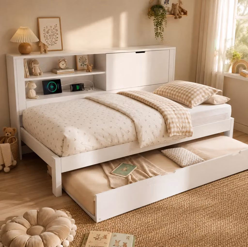 Divano letto singolo MODFU bianco con letto estraibile, contenitore, porta USB e ripiani laterali, L/P/H: 90 x 200 cm – 2