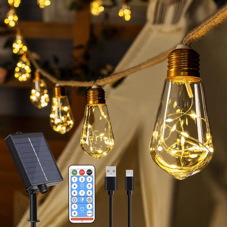 Catena luminosa solare, 8 metri, 16 lampadine LED S17, luce bianco caldo, grado di protezione IP45