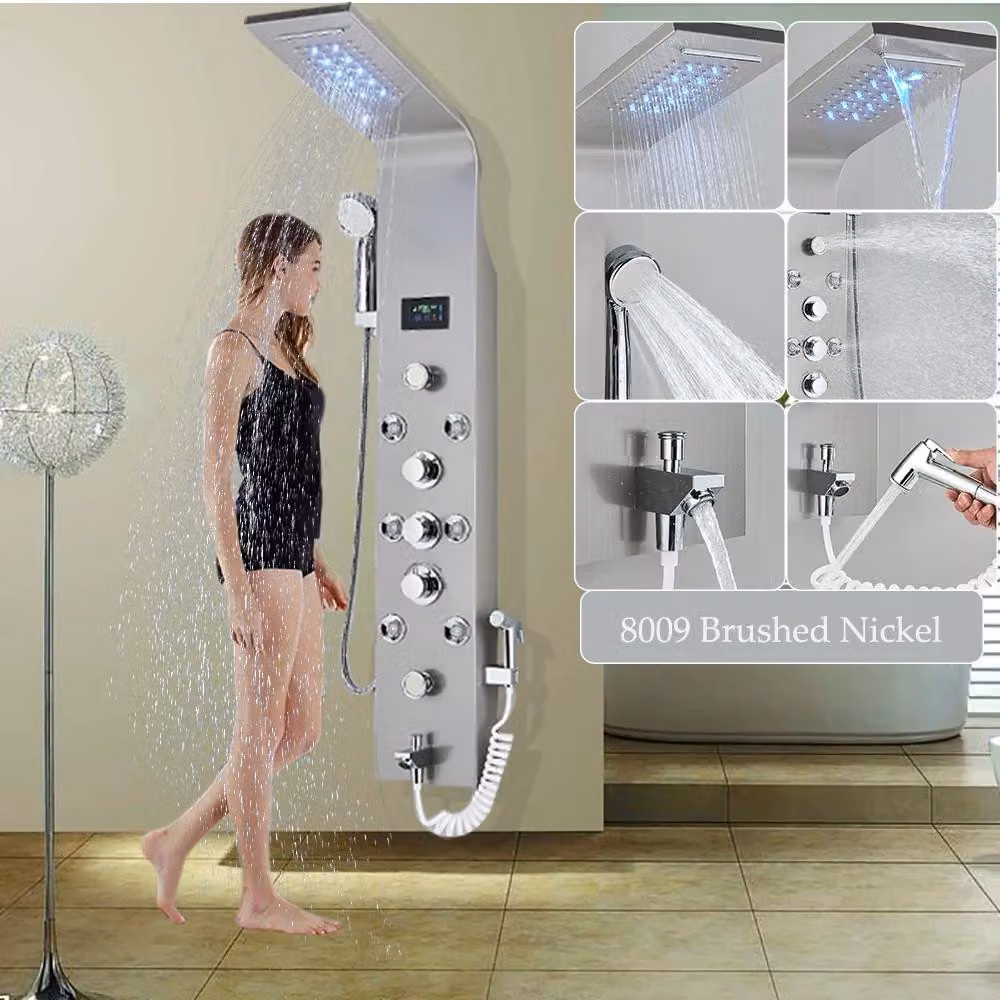 Pannello doccia LED 8009 - Colonna doccia - 6 funzioni: doccia a pioggia e cascata - Getto massaggio con doccetta manuale - Bocchetta per vasca - Illuminazione LED blu - Montaggio a parete, finitura in nichel spazzolato