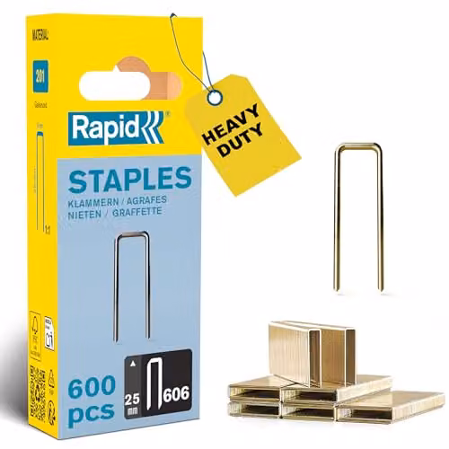 Rapid Confezione da 600 Graffe N.606/25 per Fissaggio di Materiali Rigidi, Listelli, Pannelli, Cornici, Cassetti, con Corona Stretta e con Rivestimento in Resina, Lunghezza Gamba 25 mm