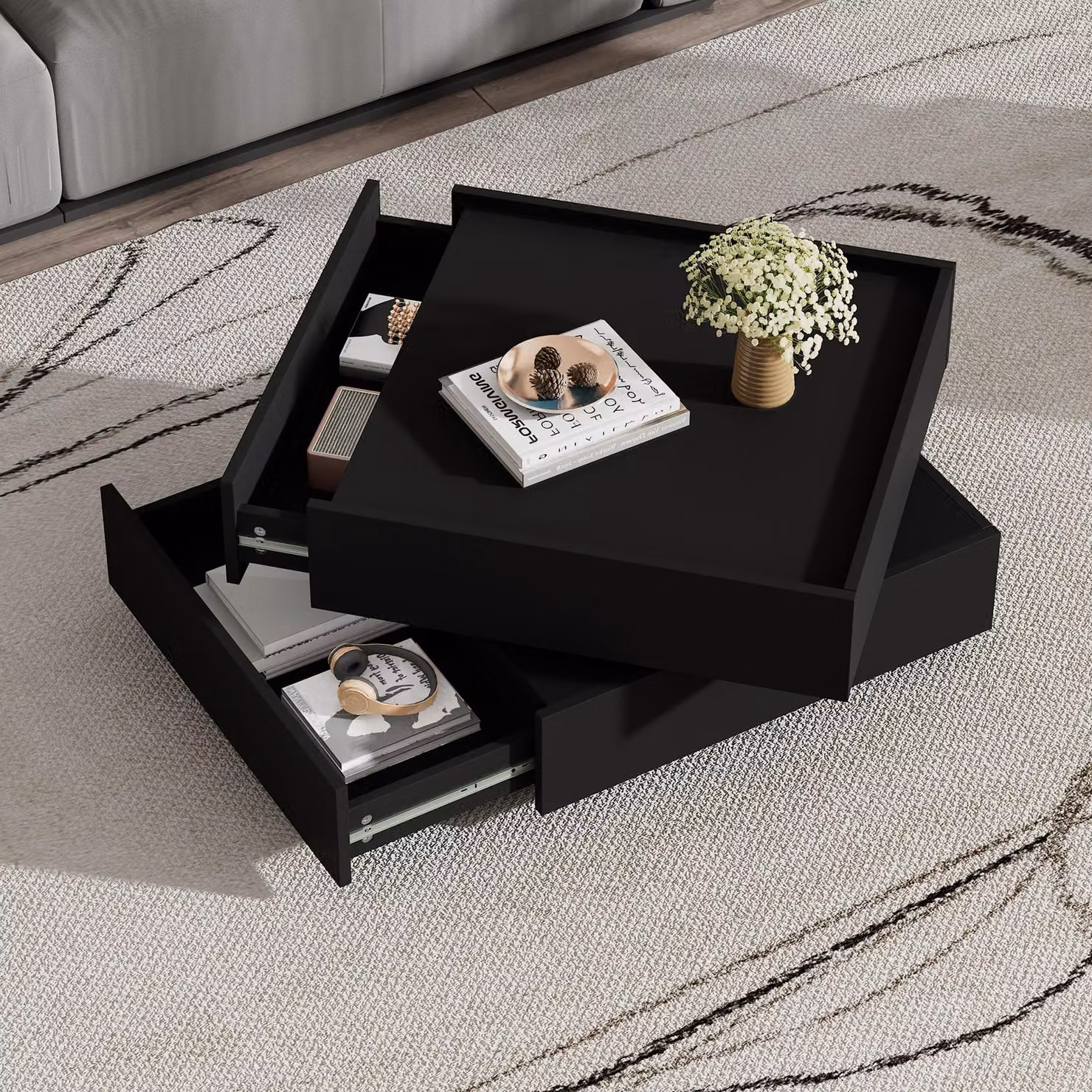 Fortuna Lai Tavolino funzionale per il soggiorno, ruotabile a 360°, piano girevole con 2 ripiani e spazio contenitivo, struttura tavolino da salotto nero, 60*60*38 cm