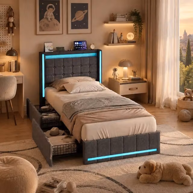Letto Imbottito 90x200 cm con 2 Cassetti;Letto singolo con LED e USB Letto Baule con Contenitore; Sommier a Doghe;Letto per Adolescenti lino grigio