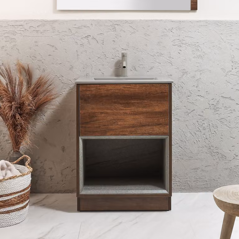 Mobile Bagno con Ripiano Aperto in Rovere Scuro da 612mm con Lavabo Grigio (Pebble) e Luci LED - Hoxton