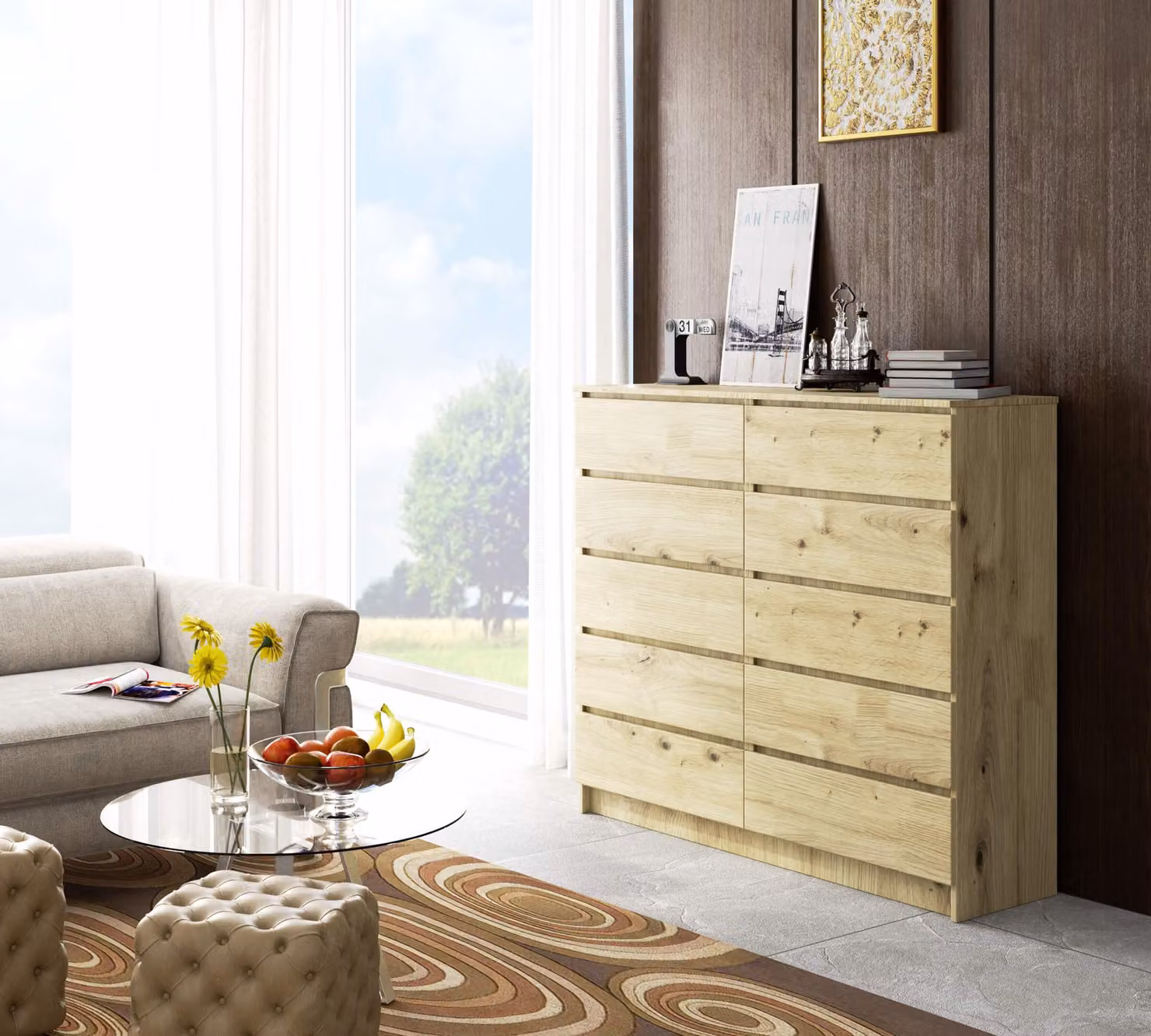 Credenza alta 138 cm con 10 cassetti; credenza, mobile da sala da pranzo, alta 121 cm